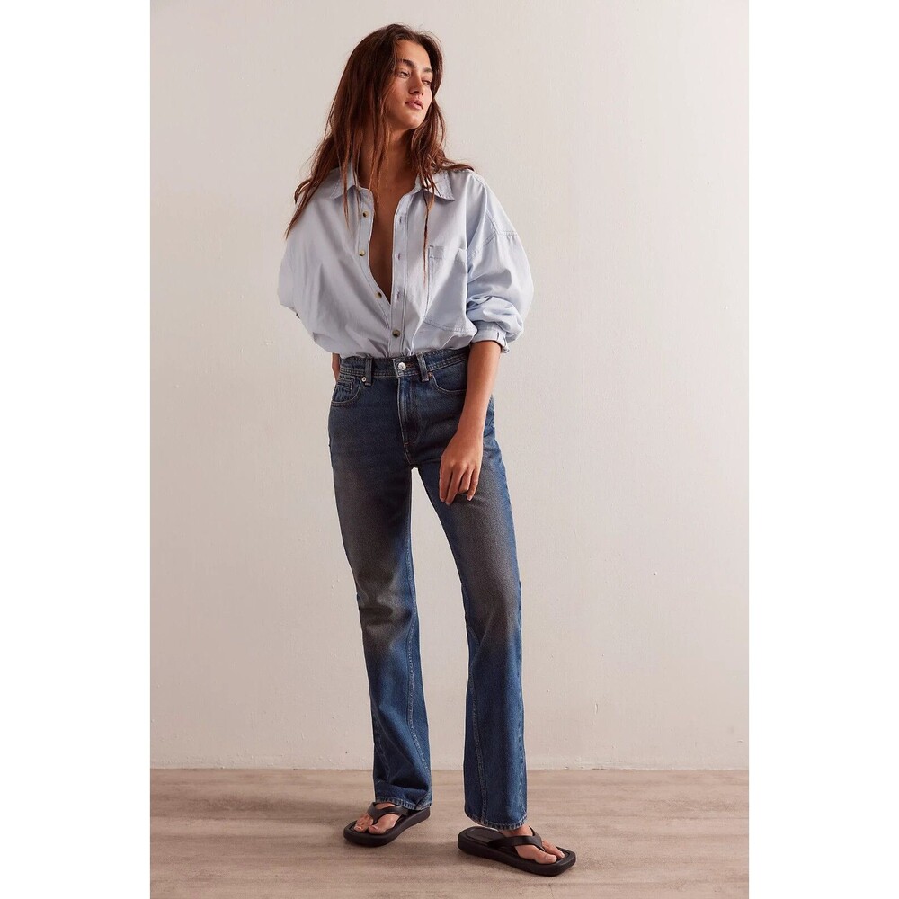 We The Free People Xena Slim Straight Denim Jeans 26 Blue High Rise Vintage New